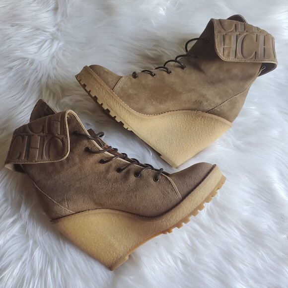 Carolina Herrera Brown Suede Platform Wedge Lace Up Boots SZ 8.5 - Picture 1 of 14